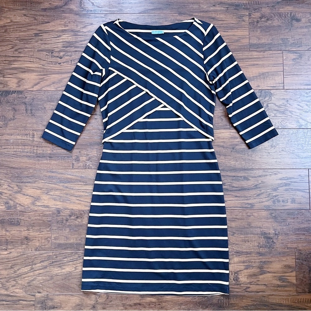 J McLaughlin • Drea Dress boat neck layered black tan Blazer Stripe sheath knit